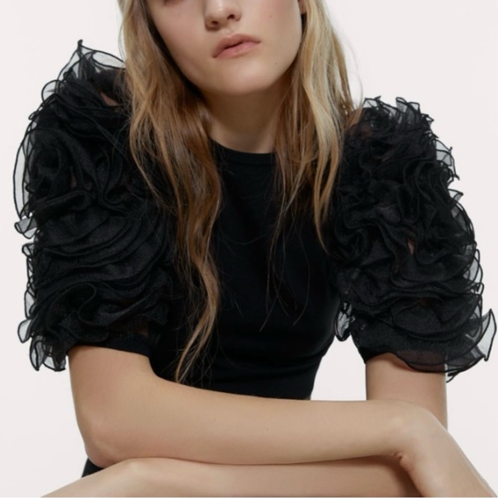 Zara Black Ruffle Sleeve Top